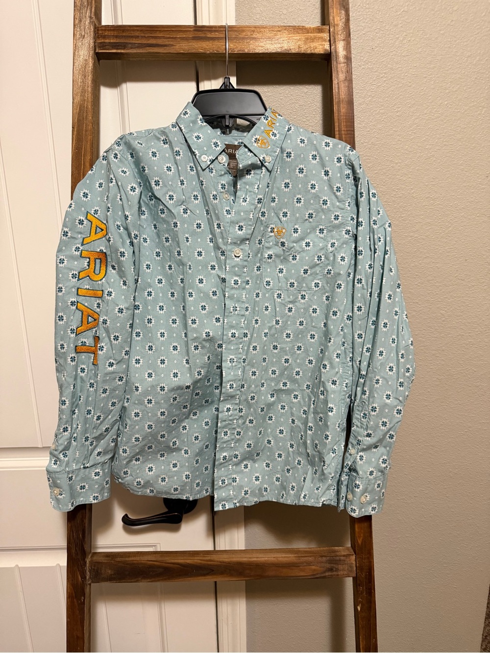 Ariat Light Teal Floral Button-Down Shirt with Yellow Logo